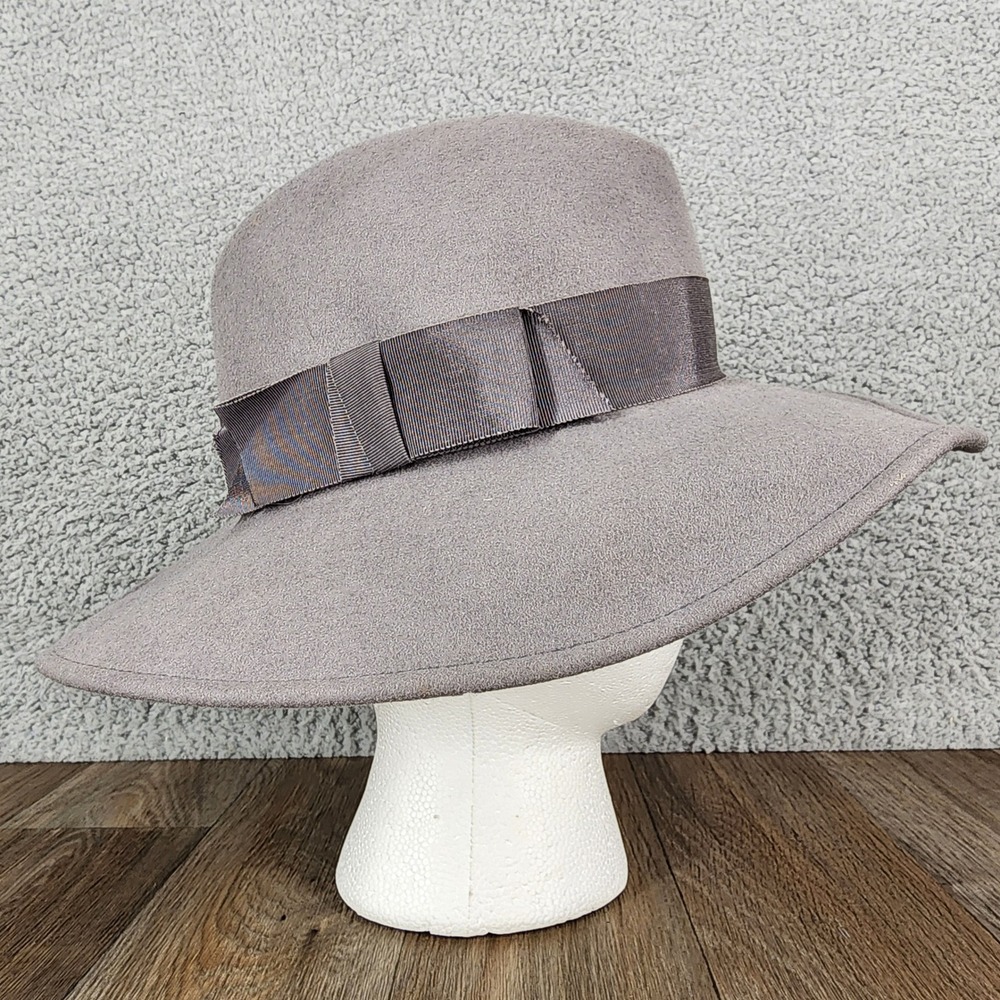 Miss Biermer Gray Felt Wide Brim Fedora Hat With Ribbon Bow Women's Accessory